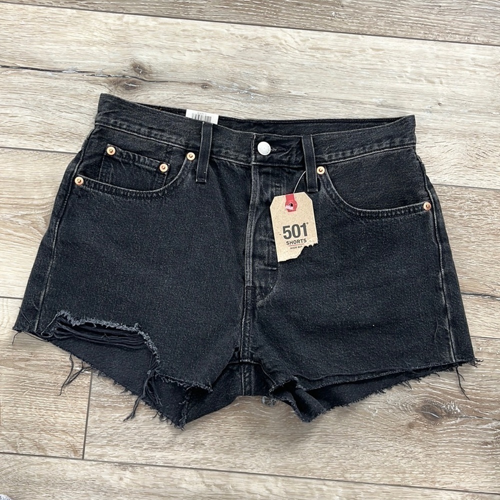 Levi’s Black 501 High Rise Button-Fly Distressed Shorts New